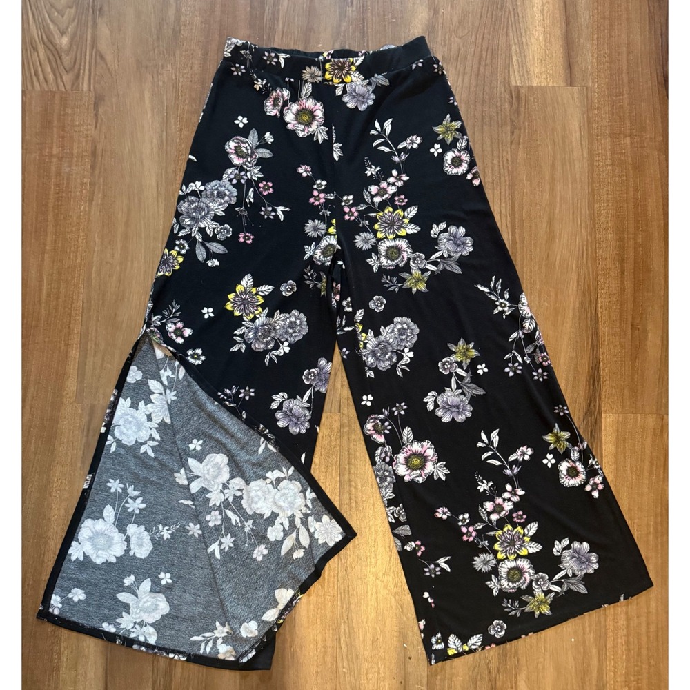 Eye Candy Black Floral Wide Leg Palazzo Boho Flowy Pant Trousers Side Slit Sz 1x